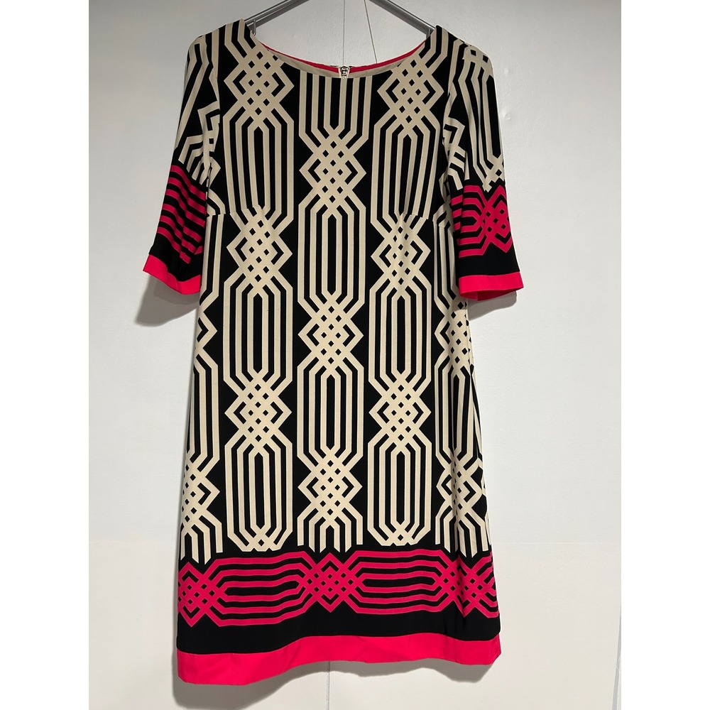 Eliza J Sheath Dress Women 6 Black Beige Pink Geometric Mod 3/4 Sleeve Shift